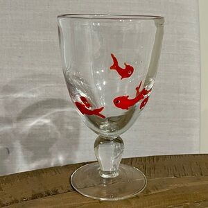 Koi Goldfish Water Wine Goblet red and orange on clear glass 6.75”
